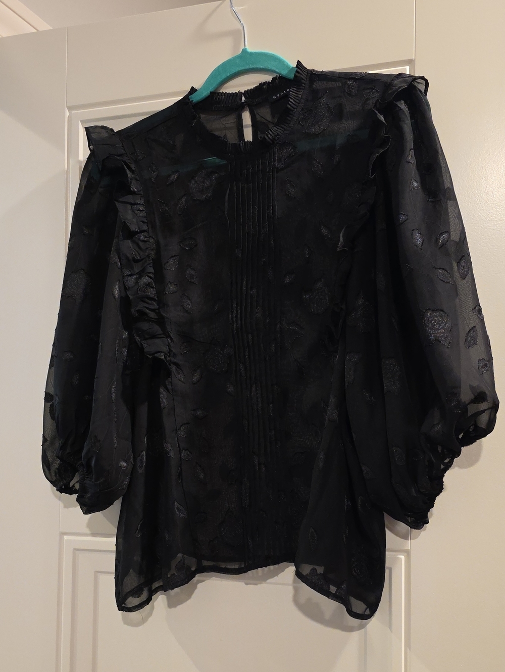 Haute Monde Black Sheer Ruffle Pintuck Blouse with Puff Sleeves